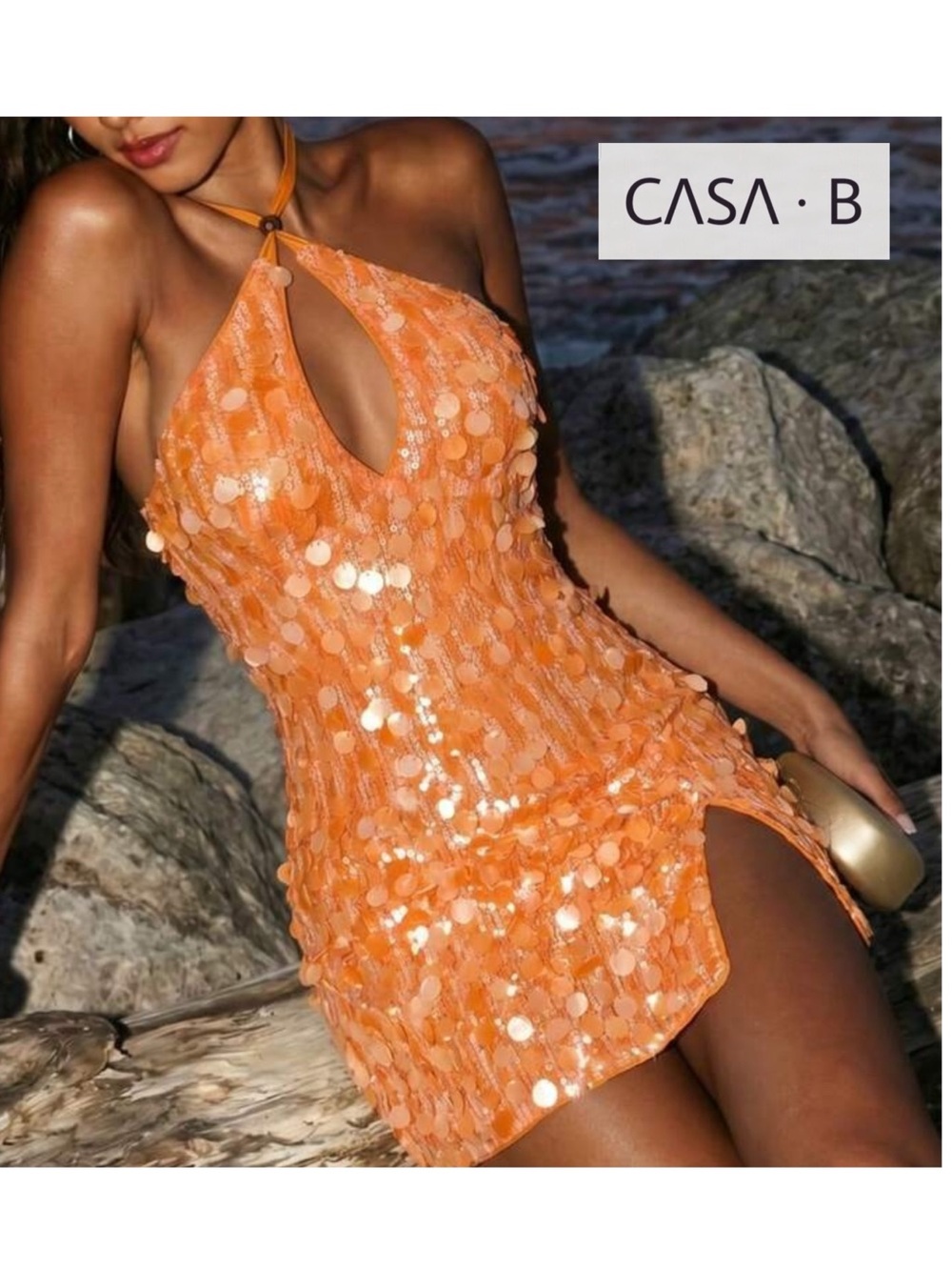 CASA B| Sunset Mirage Sequin Mini | Orange Halter Disc Sequin Resort Party Dress